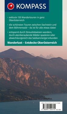 "Kompass: exklusive 120 Wandertouren in Oberösterreich. Wanderlust – Entdecke Oberösterreich. Foto von Bergen und einem See."