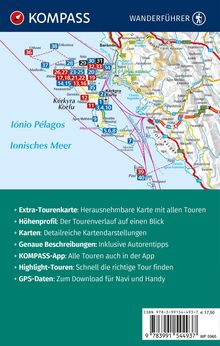 "Extra-Tourenkarte: Herausnehmbare Karte; Höhenprofil: Verlauf auf einen Blick. Kompass-Logo, Karte von Korfu."