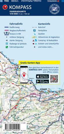 KOMPASS Fahrradkarte 1:70 000. Fahrradinfo: Radfernweg, Wegbeschaffenheit, Distanz in KM. Karteninfo: Bahnhof, Parkplätze.