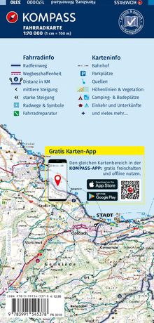 KOMPASS FAHRRADKARTE 1:70 000. Infos: Radfernweg, Distanz in KM, Steigung. Gratis Karten-App. Kartendetails: Bahnhof, Parkplätze.