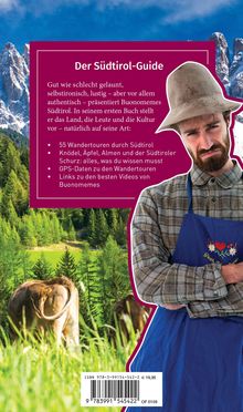 „Der Südtirol-Guide“: Humorvoller Wanderführer mit 55 Touren. Mann im blauen Schurz, Berglandschaft und Kuh im Hintergrund.