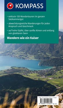 Logo: KOMPASS. Text: 120 Wandertouren im Salzkammergut. Abwechslungsreiche Wanderungen. Wandern wie ein Kaiser.