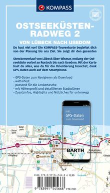 OSTSEEKÜSTEN-RADWEG 2. Von Lübeck nach Usedom. Kompass-Tourenkarte mit GPS-Daten, wetterfest, passend für Lenker.