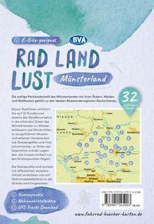 "E-Bike-geeignet. RAD LAND LUST Münsterland, 32 Lieblingstouren." Aquarellhintergrund, Karte mit Sehenswürdigkeiten.
