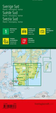 Texte: Sverige Syd, Suède Sud, Svezia Sud, Blattnummer 1, Straßen- und Freizeitkarte, Camping- und Stellplätze, Digitales Ortsregister. Darstellung: Karte von Südschweden mit Städten und Umrissen.