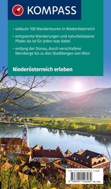 Logo "KOMPASS" oben, Highlights: 100 Wanderungen in Niederösterreich, Entspannung, Donau-Ausblicke. Unten: Landschaft mit Fluss.