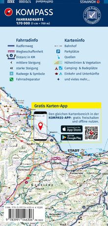 KOMPASS Fahrradkarte 1:70 000. Fahrradinfo, Karteninfo, gratis Karten-App. Detailkarte mit Radwegen und Symbolen.
