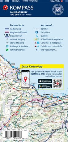 KOMPASS Fahrradkarte 1:70.000, Infos zu Radwegen, Steigungen, Camping, App-Angebot, Kartenausschnitt mit Detailkarte.