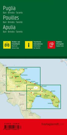 Puglia, Bari, Brindisi, Taranto. Straßenkarte und Touristeninformationen. Karte von Apulien mit Städten markiert.