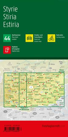 „Styrie, Stiria, Estiria“ oben, Karte von Österreich mit Städtenamen. Logos für Karte und Radrouten.