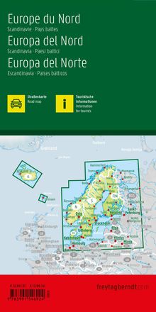 "Europe du Nord", "Europa del Nord", "Europa del Norte", Karte mit Skandinavien und Baltikum, Icons für Straßenkarte und Touristeninfo.