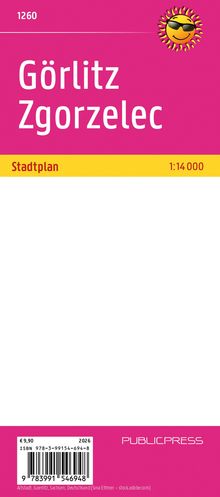 Görlitz Zgorzelec, Stadtplan 1:14 000. Oben rechts ein lachendes Sonnen-Logo mit Sonnenbrille.