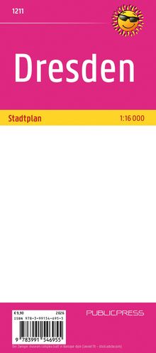 „Dresden Stadtplan 1:16 000“ steht prominent in Weiß und Rot auf pinkem Hintergrund. Rechts oben ein lachendes Sonnen-Logo.