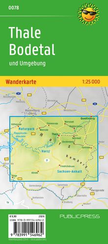 "Thale Bodetal und Umgebung. Wanderkarte 1:25 000." Oben ist ein lächelndes Sonnenlogo mit Sonnenbrille.