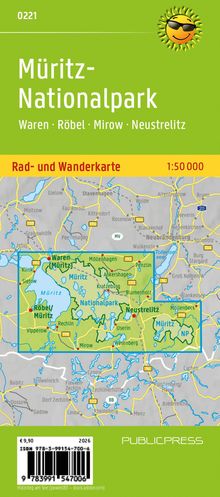 Müritz-Nationalpark, Rad- und Wanderkarte 1:50 000. Grünes Cover mit lächelnder Sonne und Karte im Hintergrund.