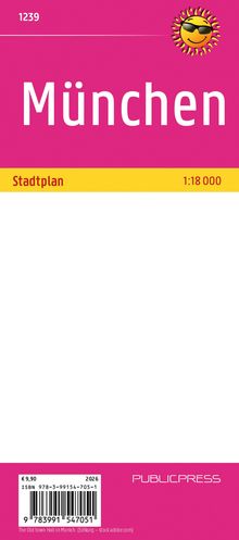 "München, Stadtplan 1:18 000" in weiß auf pinkem Hintergrund, oben Nummer 1239, Sonnen-Logo, unten Barcode.
