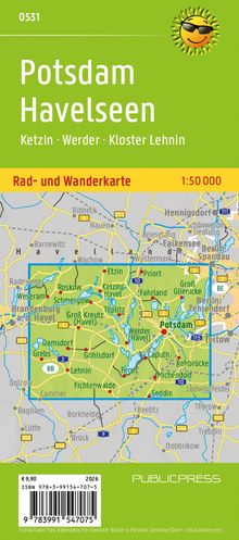 Text: "Potsdam Havelseen, Ketzin, Werder, Kloster Lehnin. Rad- und Wanderkarte 1:50 000". Kartenillustration mit Sonne.
