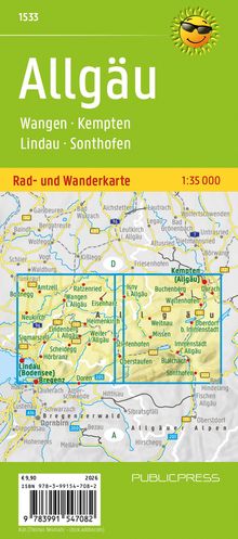 1533, Allgäu, Wangen, Kempten, Lindau, Sonthofen, Rad- und Wanderkarte 1:35 000. Logo mit lachender Sonne. Kartenansicht.