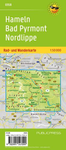 "0358 Hameln Bad Pyrmont Nordlippe. Rad- und Wanderkarte 1:50 000. €9,90. ISBN 978-3-99154-709-9. PUBLICPRESS." 

Grüne Karte mit lächelnder Sonne.