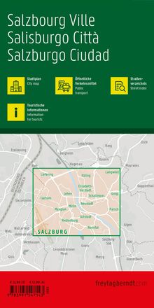 Salzbourg Ville, Stadtplan, Öffentliche Verkehrsmittel, Straßenverzeichnis. Karte von Salzburg mit Stadtteilen.