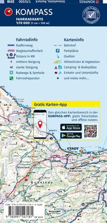 KOMPASS Fahrradkarte, Infos zu Radwegen, Steigungen, Karten- und App-Hinweis. Detaillierte Regionalkarte mit Symbolen.