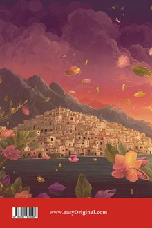 www.easyOriginal.com. Eine malerische, dichte Ansammlung von Häusern am Wasser, umgeben von Bergen und Blumenblättern.