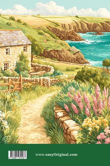 easyOriginal.com. Illustration einer Küstenlandschaft mit Haus, Blumen, Weg und Meer.