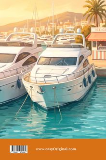 www.easyOriginal.com. Zwei weiße Yachten im Hafen, ein Eisstand, Palmen und Gebäude im Hintergrund bei Sonnenuntergang.