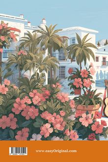 www.easyOriginal.com. Illustration von weißem Haus, Palmen, rosa Blumen und Gitarre in mediterranem Garten.