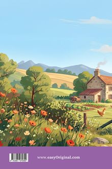 www.easyOriginal.com. Illustration einer ländlichen Szene mit Blumen, einem Haus, Bäumen und einem Hügel im Hintergrund.