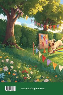Text: www.easyOriginal.com. Illustration: Ein Hund läuft fröhlich durch einen Garten, umgeben von Bäumen und bunten Wimpeln.