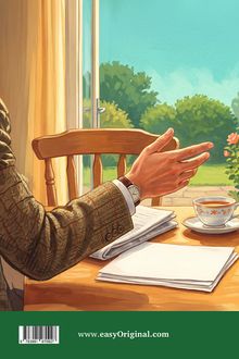 www.easyOriginal.com. Eine Hand gestikuliert an einem Tisch mit Papieren und einer Tasse, dahinter ein Garten.