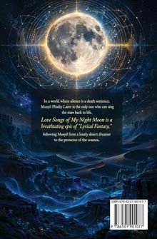Der Text beschreibt eine epische lyrische Fantasie um Musyil, den Beschützer des Kosmos. Oben leuchtet ein strahlender, detailreicher Vollmond umgeben von musikalischen Symbolen und geometrischen Linien. Unten erstreckt sich eine magisch anmutende Landschaft mit leuchtenden Pfaden.
