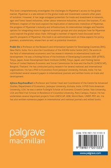 Ein Text erklärt die Herausforderungen Myanmars im globalen Markt, sowie Autorenbeschreibungen. Links unten ein Logo. Orange Hintergrund.