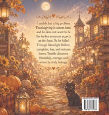Im Vordergrund steht ein Text über Tumble, der sich vor Thanksgiving versteckt. Eine malerische Herbstszene mit Kürbissen, Lampen und einer schwarzen Katze ist im Hintergrund.