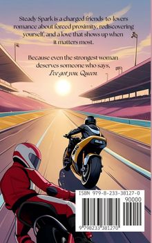 Text beschreibt eine Liebesgeschichte, darunter zwei Motorradfahrer auf einer sonnigen Rennstrecke. ISBN-Code unten.