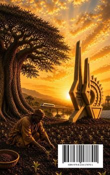 ISBN 979-8-234-17870-1. Ein Bauer pflanzt Setzlinge, daneben ein Baum, Skulptur und ein Zug auf einem Viadukt bei Sonnenuntergang.