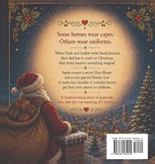 Texte: "Some heroes wear capes. Others wear uniforms." Illustration: Der Weihnachtsmann schaut auf ein verschneites Dorf.