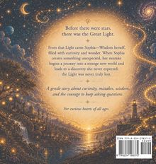 Text über Licht und Sophia: "Before there were stars, there was the Great Light..." Bild einer magischen Landschaft mit Sternen und Licht.