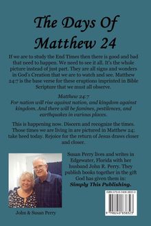 Titel: The Days Of Matthew 24. Kleiner Text über das Buch und Autoreninfo unten rechts. Foto: Ein Mann und eine Frau lächelnd.