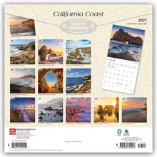 "California Coast", "2027", "Earth Friendly", Monatsnamen mit je einem Landschaftsbild: Küsten und Strände aus Kalifornien.