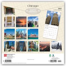 Texte: Chicago, Earth Friendly, 2027, 16-Month Calendar. Kalender mit Monatsbildern von Chicago.