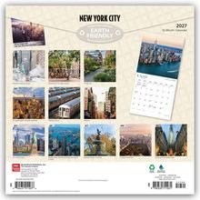 Kalender 2027, New York City, Earth Friendly. Bilder zeigen Sehenswürdigkeiten wie Park Avenue und Freiheitsstatue.