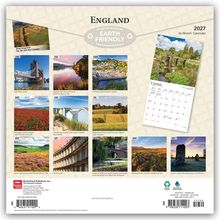 Texte: England, Earth Friendly, Januar bis Dezember. Fotos von Landschaften in England. Kalender für 2027.