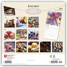 "KITCHEN", "EARTH FRIENDLY", 2027, Januar bis Dezember Bilder mit Lebensmitteln, April-Vorschau zeigt Eistüten mit Blumen.
