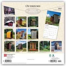 "Outhouses, EARTH FRIENDLY, 2027, 16-Month Calendar." Zwölf Fotos von verschiedenen Toilettenhäuschen in unterschiedlichen Landschaften.