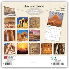 "Ancient Egypt", "Earth Friendly", "2027", "16-Month Calendar", Bilder von ägyptischen Tempeln, Hieroglyphen und der Sphinx.