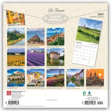 Texte: "La France", "EARTH FRIENDLY", "2027", "JAN", "FEB", "MAR", "APRIL", "MAY", "JUN", "JUL", "AUG", "SEP", "OCT", "NOV", "DEC".  
Illustration eines Kalenders mit Fotos von Frankreich.