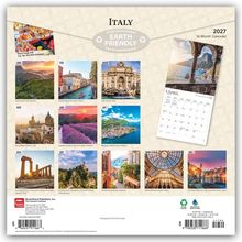 "Italy 2027, 16-Month Calendar, Earth Friendly." Bilder von Landschaften und Städten in Italien pro Monat.