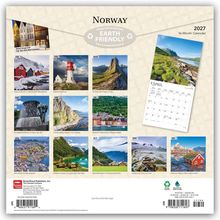Norway 2027 16-Month Calendar. Earth Friendly. Bilder von norwegischen Landschaften, verteilt über ein Kalenderlayout.